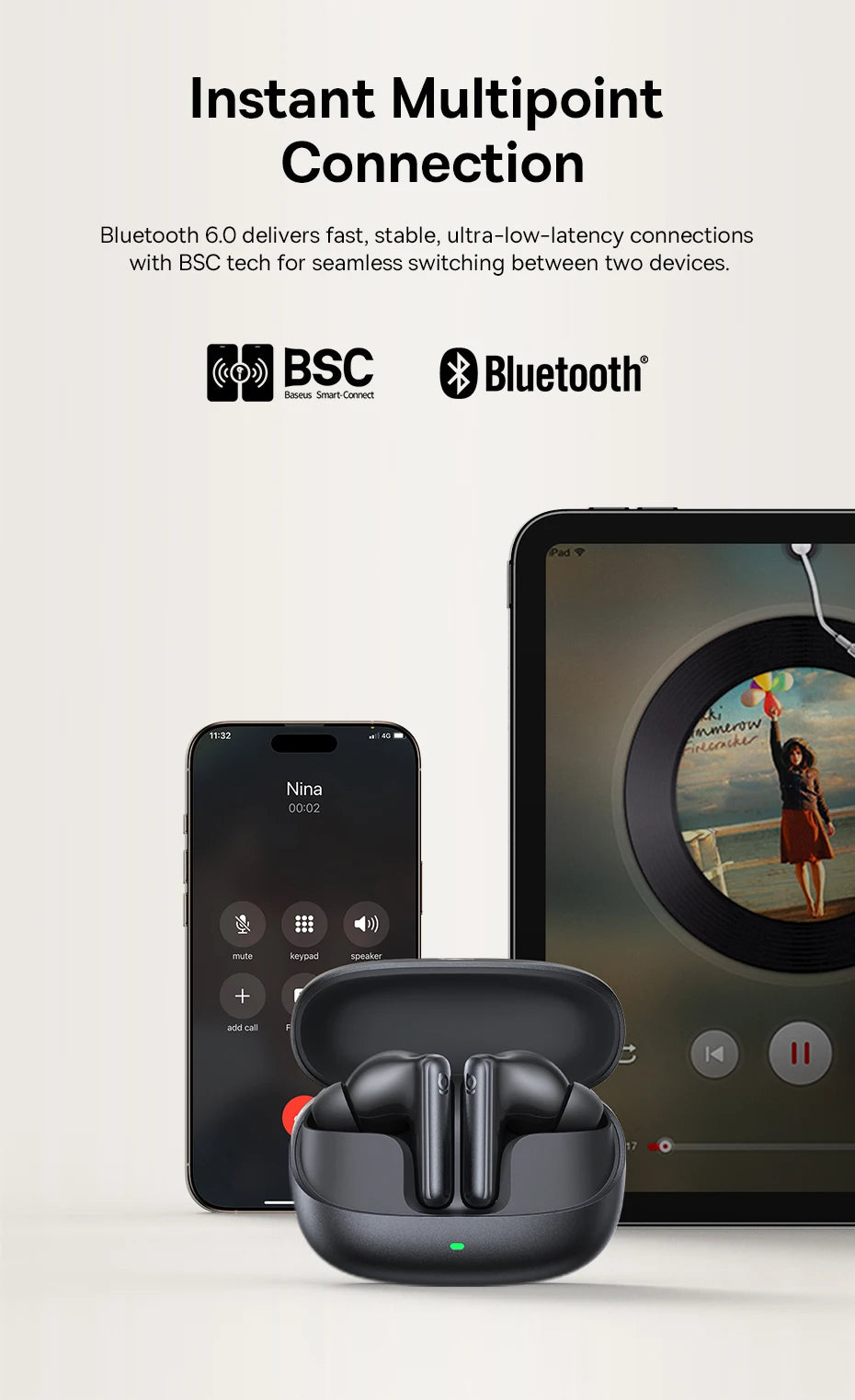 Baseus Bowie MP1 ANC Bluetooth 6.0 True Wireless Earbuds -55dB Adaptive Hybrid ANC Earphones Hi-Res LDAC 6-Mic ENC In-Ear buds
