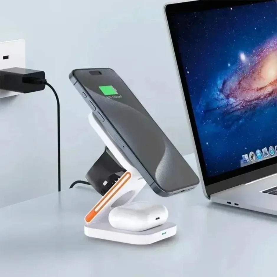 XIKCU 3 in 1 Foldable Charging Station Fast Magnetic Wireless Charger Stand for iPhone 16-12 Apple Watch 9 8 7 6 Airpods Pro