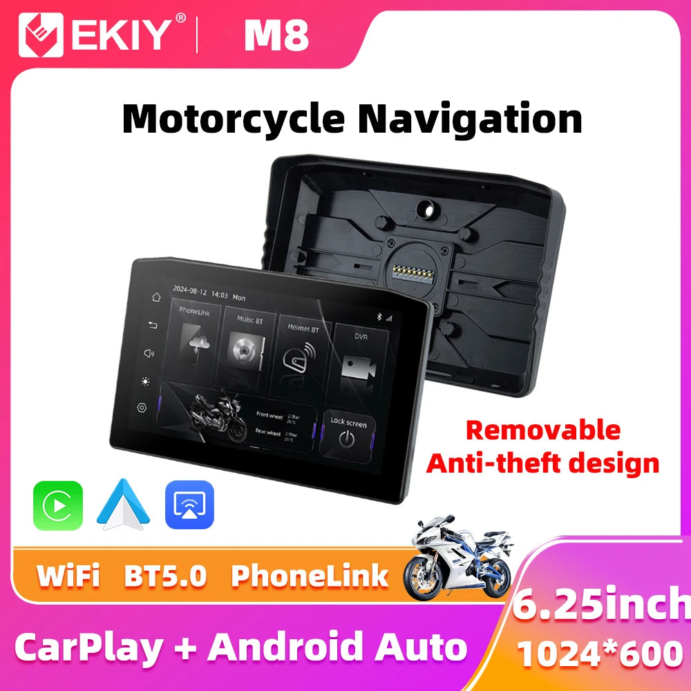 EKIY 6.25" Portable Digital Dashboard Anti Theft Removable Screen Wireless CarPlay Moto Android Auto GPS Motorcycle Navigation