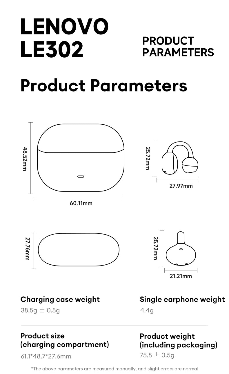 Lenovo LE302 OWS Ear Clip Earphones Wireless Bluetooth 6.0 Headset HD Call Touch Control Earbuds Low latency Gaming Headphones