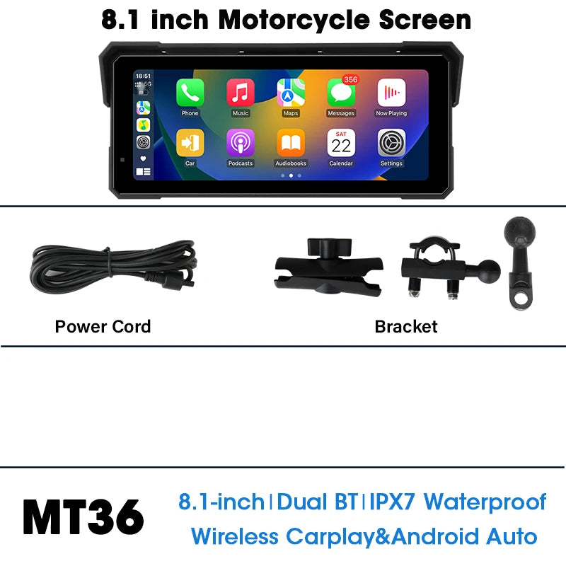 Jansite 8.1 Inch 4K Motorcycle CarPlay Screen 4K Dash Cam Wireless Android Auto Bluetooth GPS Navigation IPX7 Waterproof Display