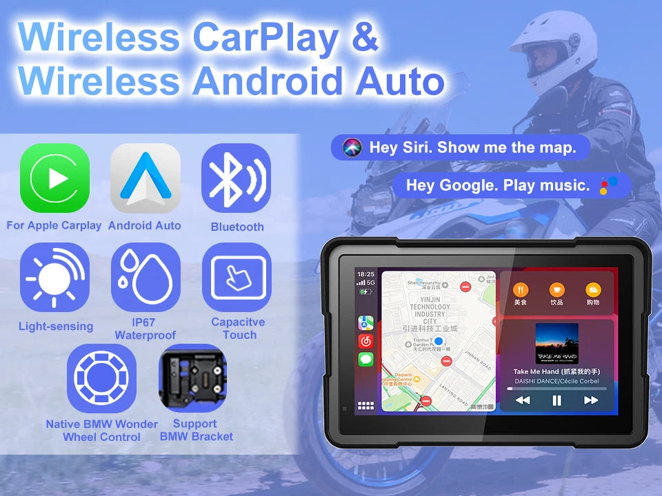 7 Inch Wireless CarPlay Moto Android Auto Portable Digital Motorcycle Dashboard GPS Navigation For BMW R1300GS R1250GS Screen