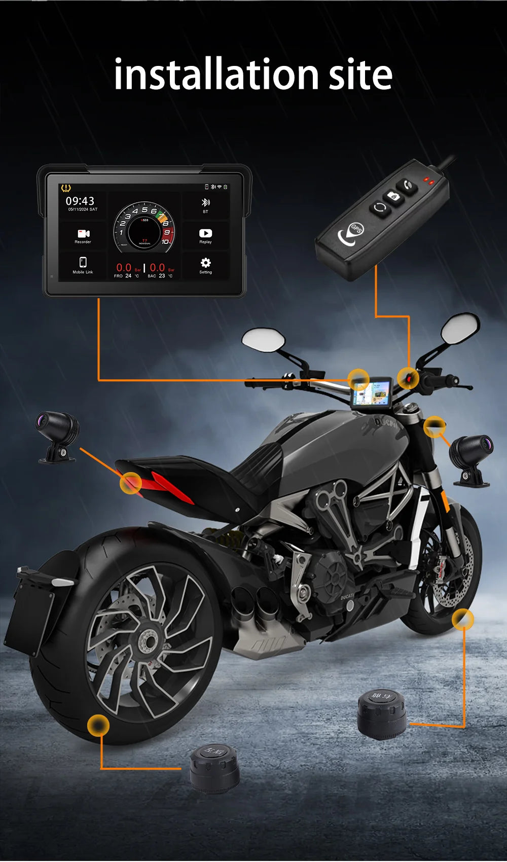 2024 Motorcycle GPS Navigation 2K HD Recorder Wireless CarPlay Android Auto Multimedia Player IP67 Waterproof Screen Bluetooth