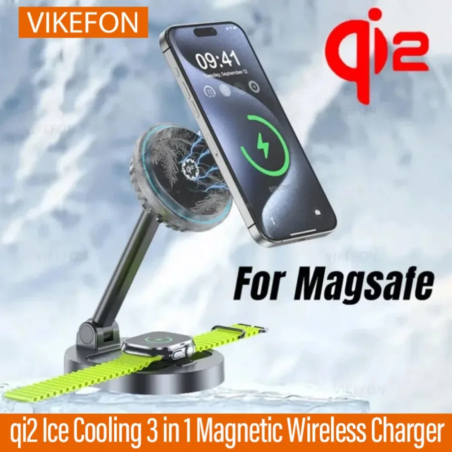 VIKEFON 3 in 1 qi2 Ice Cooling Magnetic Wireless Charger For Magsafe iPhone 16-12 Apple Watch 9 8 7 AirPods Pro2 Fast Charging
