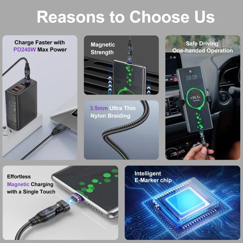 240W 6 in 1 PD3.1 Magnetic Cable Micro USB C to Type C Cable 6A Fast Charging for Macbook iPad iPhone 17 16 Samsung Xiaomi