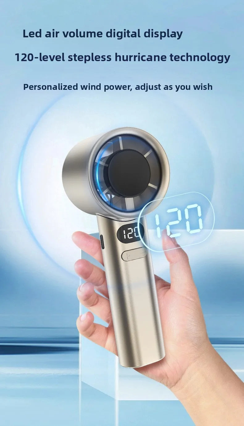 Handheld Fan High-Speed Portable Turbofan USB Rechargeable Electric Fan Digital Display 120 Speeds Infinitely Adjustable