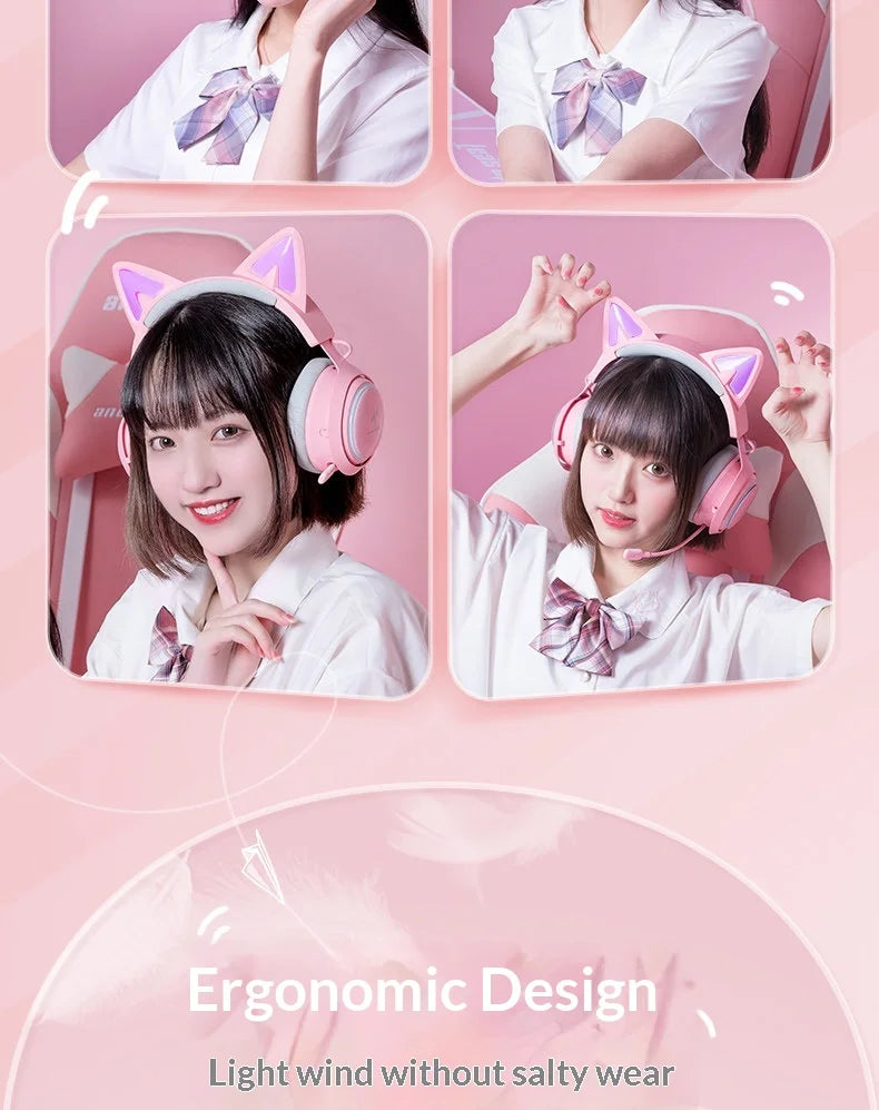 Somic GS510 Gamers Headphone With Microphone Cat Ears Rgb Light Colorful Cute Headset Noise Reduction Girl Gaming Earphones Gif
