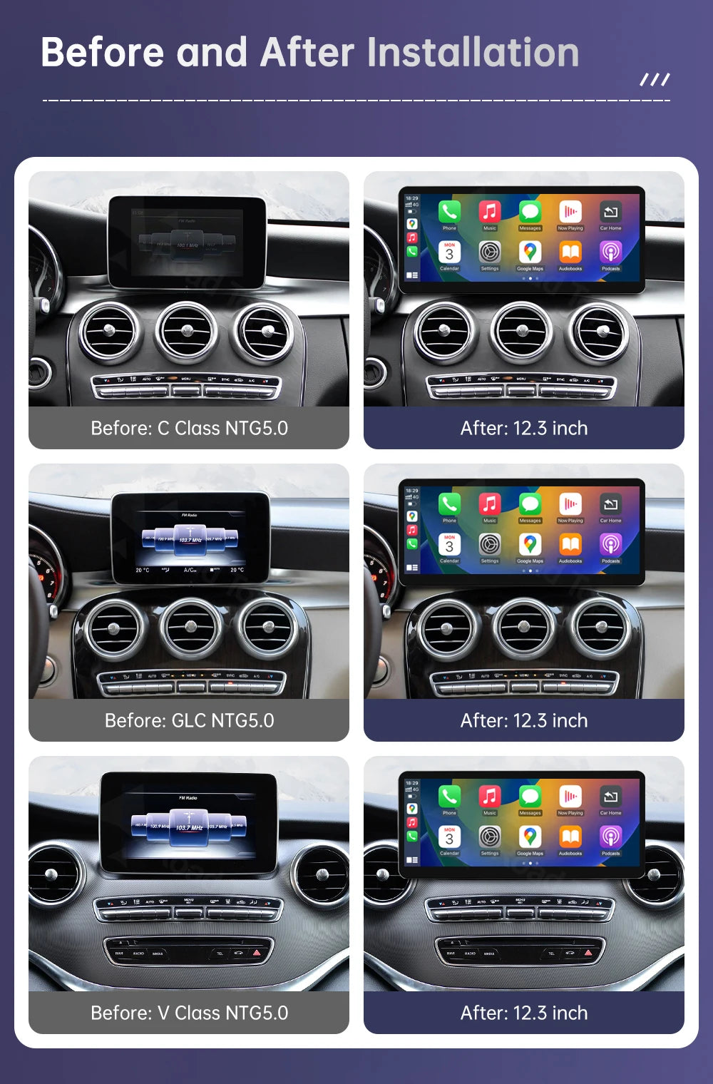 New 12.3" Linux Touch Screen for Mercedes Benz W205 GLC C V Class V447 GLA CLA NTG5.0 2015-2019 Wireless Carplay Android Auto