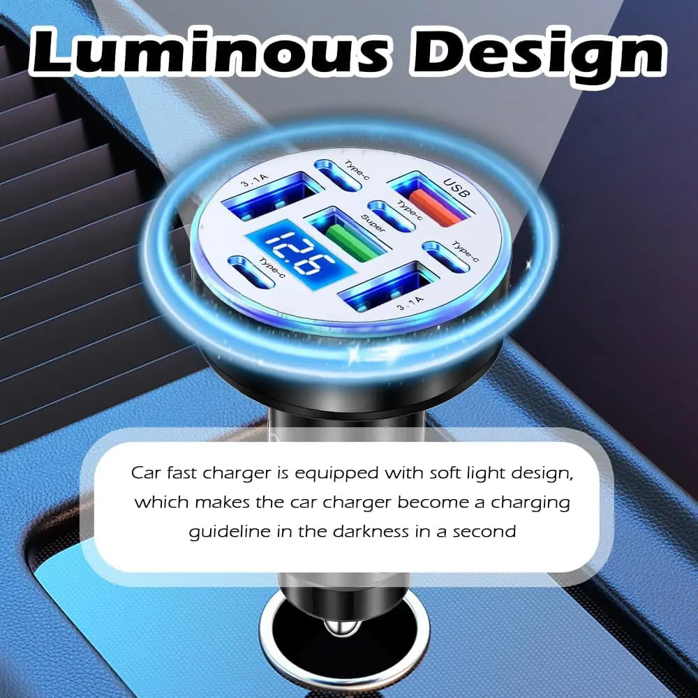 UYUXIO Multi Port USB C Car Charger Adapter 8 in 1 with Voltage Display Iight QC 4.0 PPS Super Fast Charge with Volt Meter