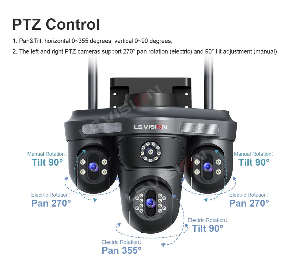 LS VISION 15MP Three Screens WiFi Security Camera Outdoor Three Lens Remote Rotation Color Night Vision Auto Tracking CCTV Cam