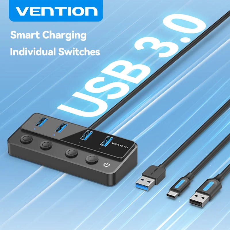 Vention USB A 3.0 HUB High Speed Multi 5Gbps OFF/ON Individual Switch LED Indicator Adapter for PC Laptop USB Ports Extender