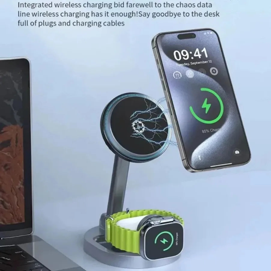 VIKEFON 3 in 1 qi2 Ice Cooling Magnetic Wireless Charger For Magsafe iPhone 16-12 Apple Watch 9 8 7 AirPods Pro2 Fast Charging