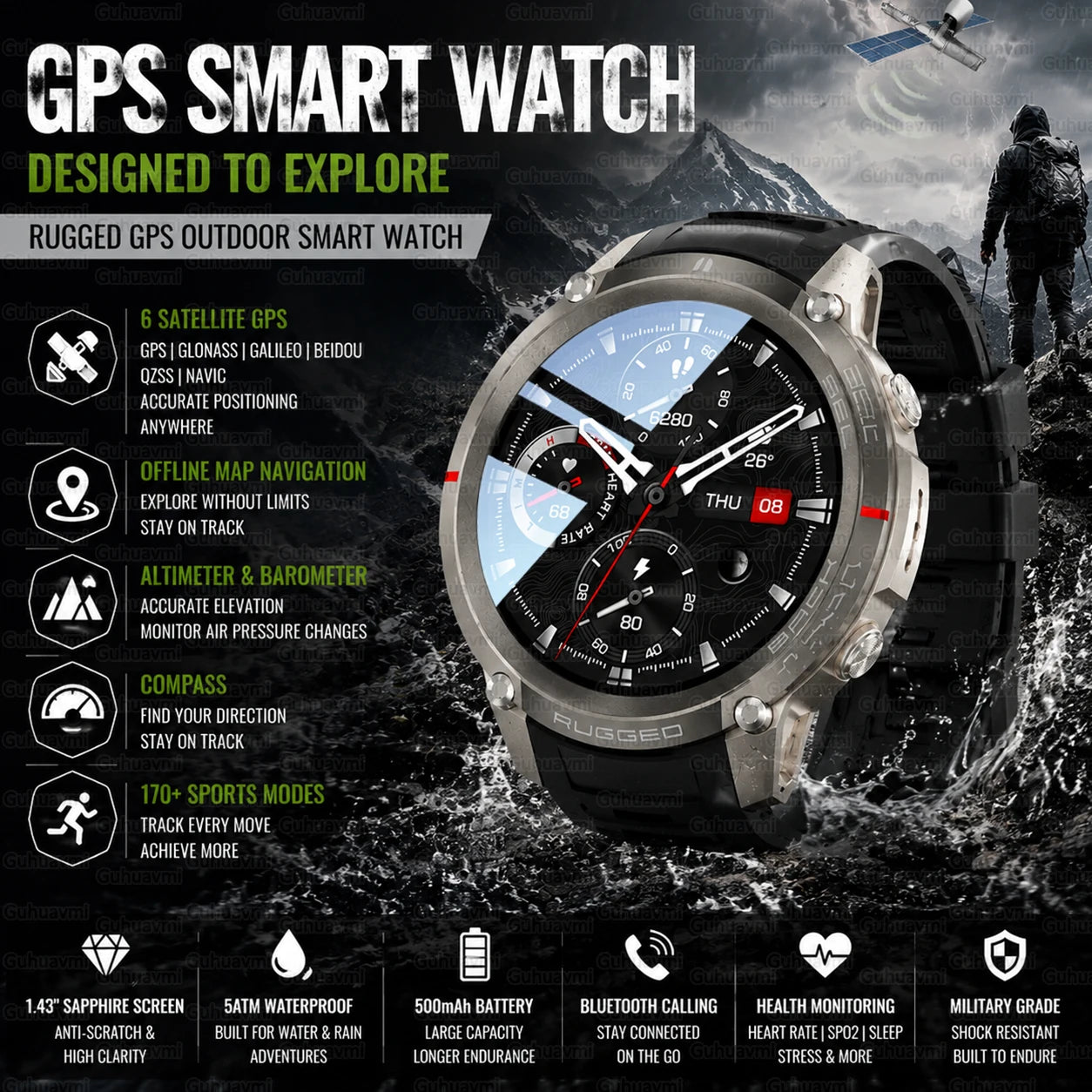 Outdoor Tactical GPS Smart Watch Offine Map Compass Heart Rate Monitor Fitness Tracker 5ATM Waterproof Adventure Sports Watches