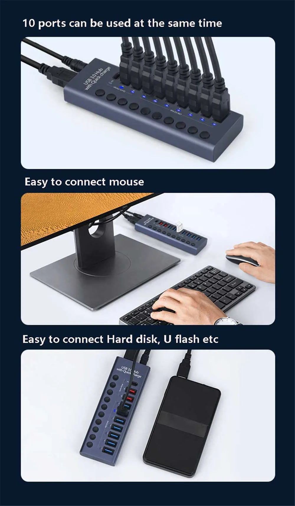 MZX 10/7/4-Port USB 3.0 A Hub Aluminum Multi-Hub Splitter Concentrator Extensior Dock Switch Adapter for PC Laptop Accessories