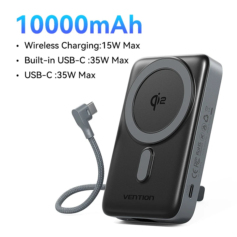 Vention Qi2 Magnetic 10000mAh 15W Power Bank PD 35W with Built-in C Cable Qi2-Certified for iPhone 17 Magsafe Charger Powerbank