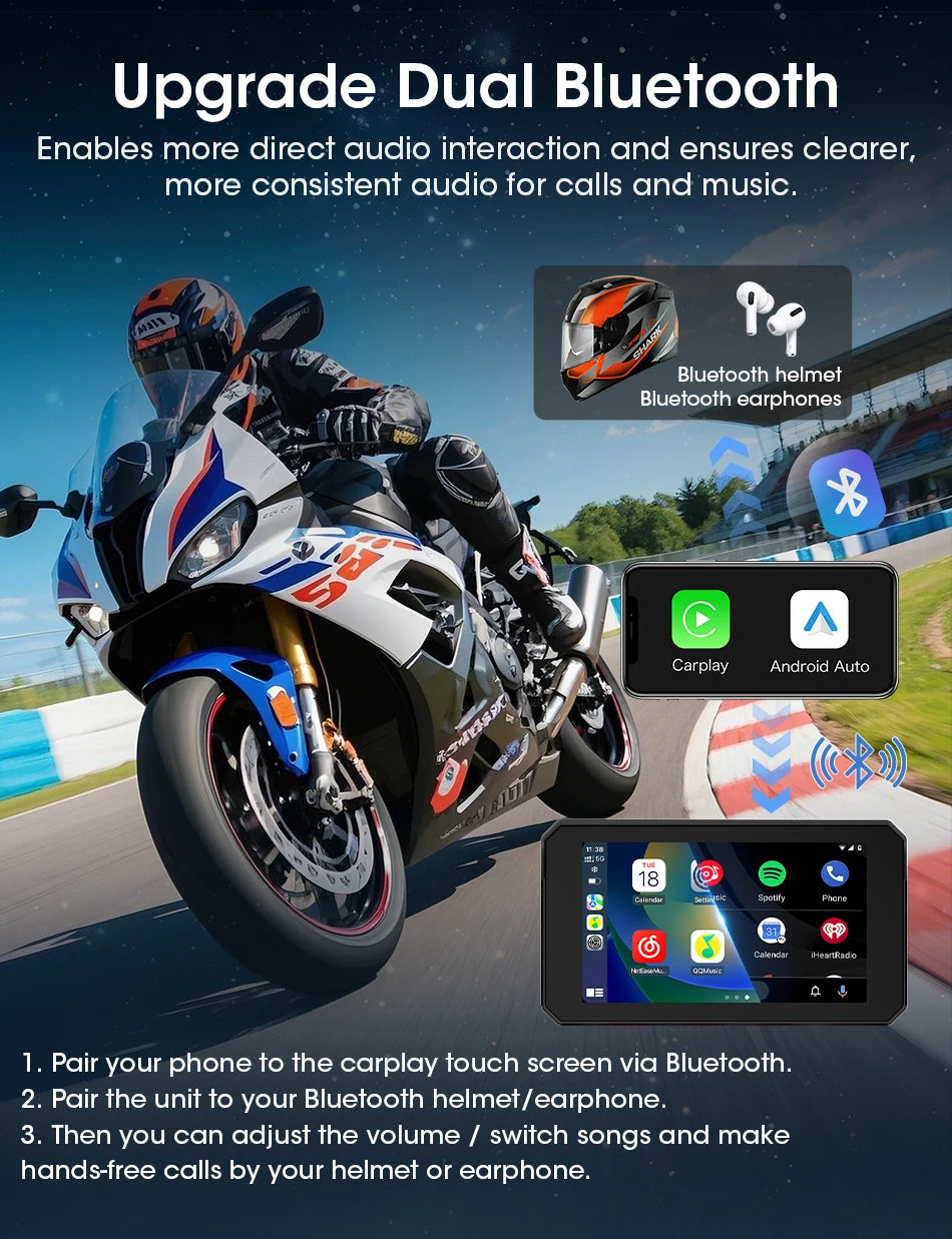 Jansite Dual Bluetooth Motorcycle Carplay Screen Navigation GPS Display IP67 Waterproof Support Helmet Intercom Moto Accessories
