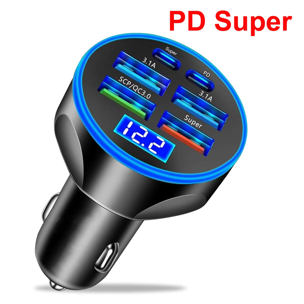UYUXIO Multi Port USB C Car Charger Adapter with Voltage Display PD 30W Super Fast Charging 6 in 1 for MacBook iPhone Samsung