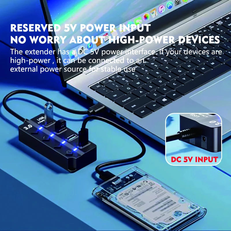 JUMPEAK 4 Port 7 Port USB Hub USB3.0 Expander Docking Station Splitter With Power Adapter With Switch For Laptop PC Multi-Device
