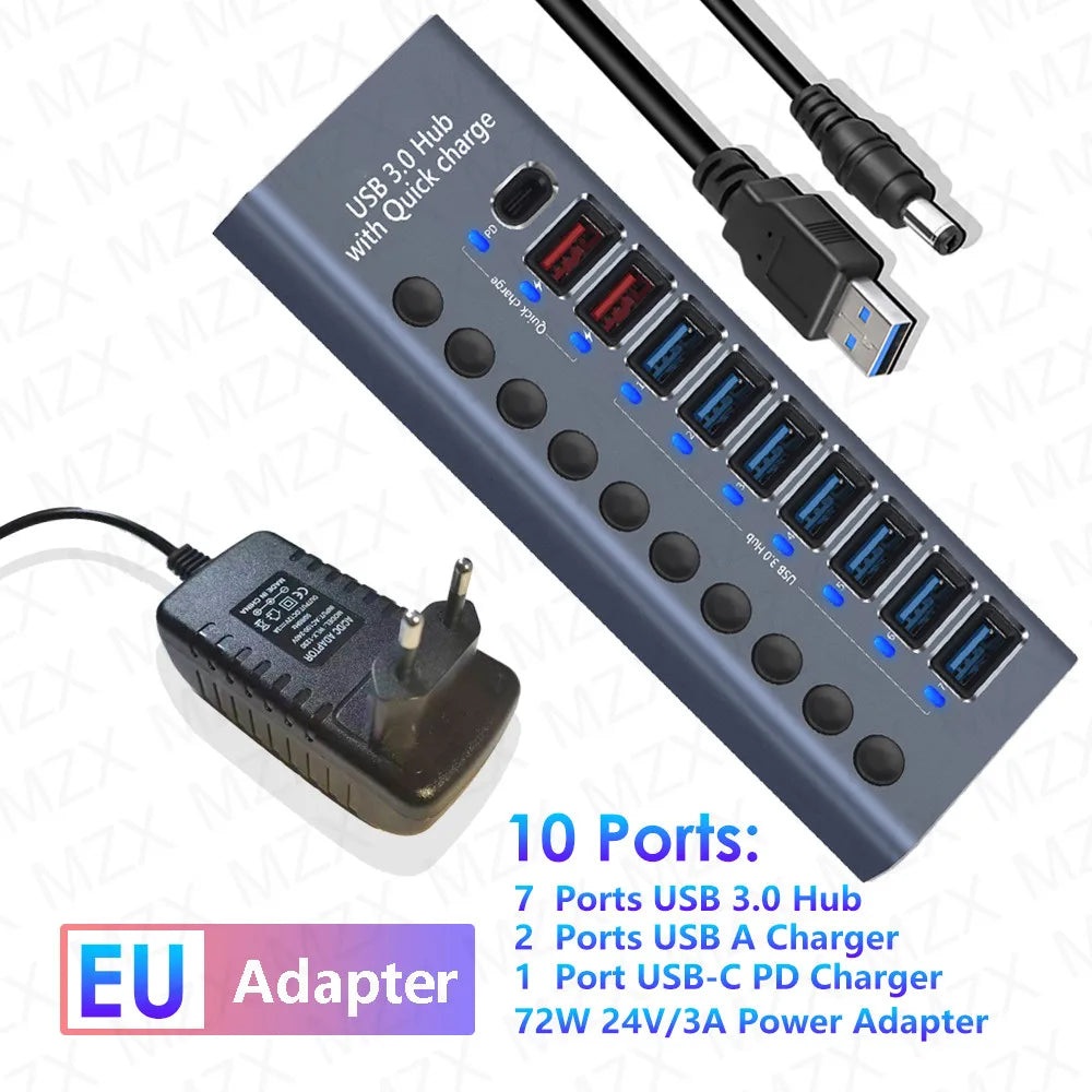 MZX 10/7/4-Port USB 3.0 A Hub Aluminum Multi-Hub Splitter Concentrator Extensior Dock Switch Adapter for PC Laptop Accessories