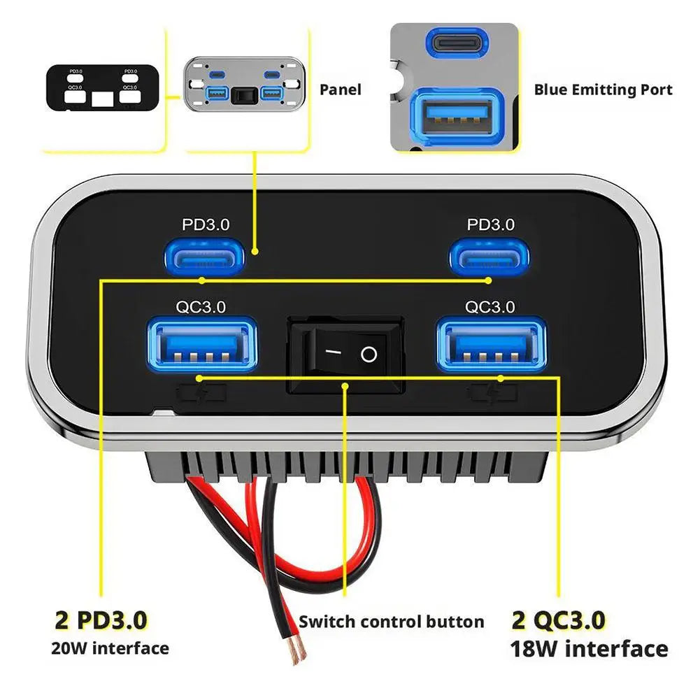 Car Charger Dual USB Type-C 4 Ports Quick Charging Socket QC3.0+PD3.0 Power Adapter For SUV RV Camping Bus Marine