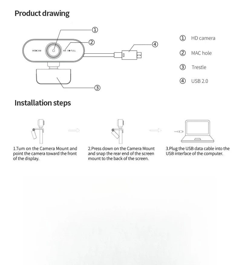 USB Webcam with Built-in Microphone, Plug and Play PC Camera 360° Rotatable for Video Calls, Zoom, Teams, Streaming