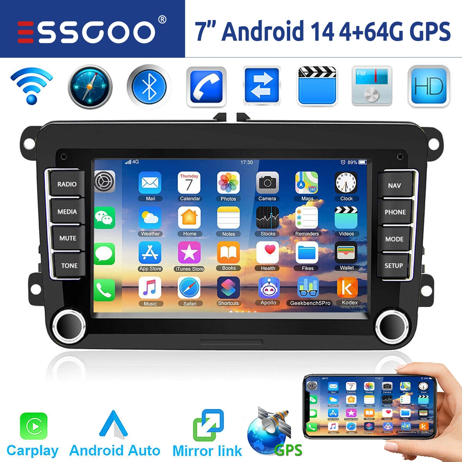 ESSGOO 7" Android 14 4G+64G Apple Carplay ChatGPT Car Stereo GPS WIFI RDS BT for VW Golf 5 6 Passat Polo Touran Tiguan Caddy EOS