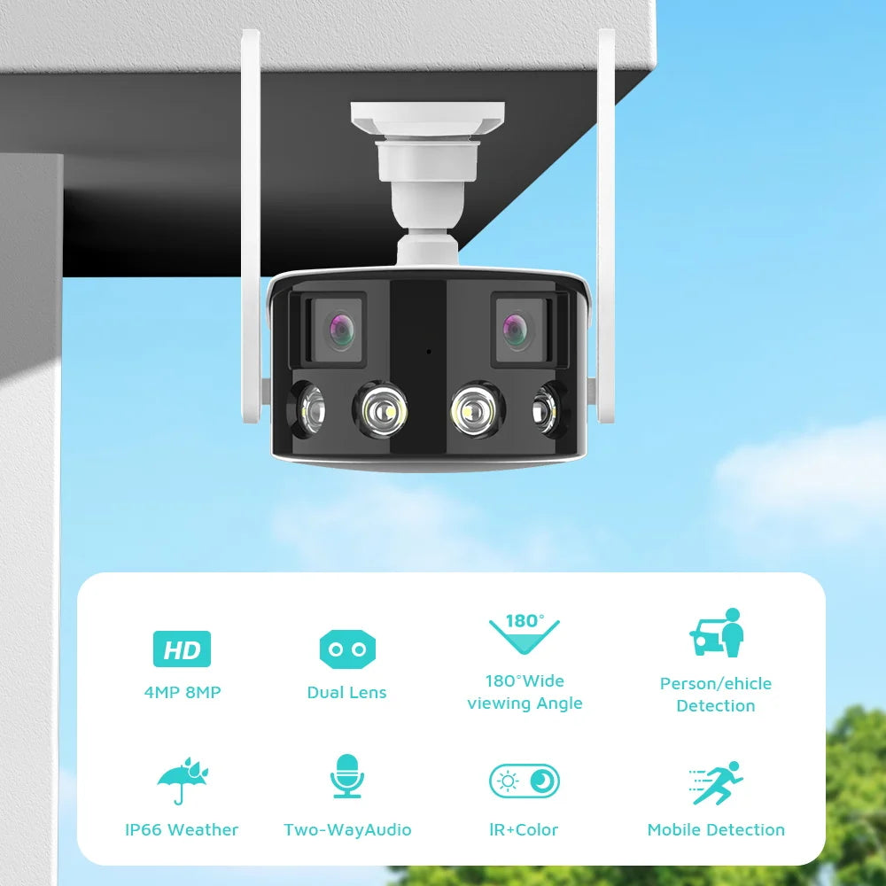 BESDER 8MP 4K Dual Lens Ultra wide angle 180° Wifi IP Camera Cecurity Protection Ai Human Detect Security Surveillance ICSEE APP