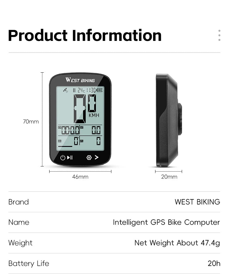 WEST BIKING Intelligent GPS Bicycle Computer Large Screen Wireless Cycling Speedometer IPX7 Waterproof Lightweight Bike Odometer