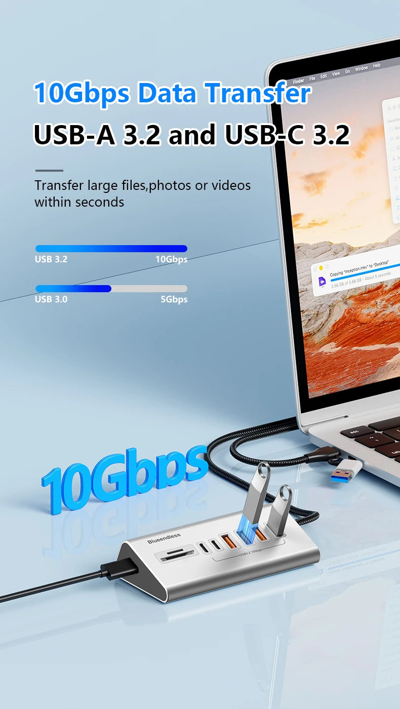 10Gbps USB 3.2 Docking Station USB Hub Type C Splitter with Card Reader Aluminum Alloy Multi 8/9 Ports Switch For PC Laptop