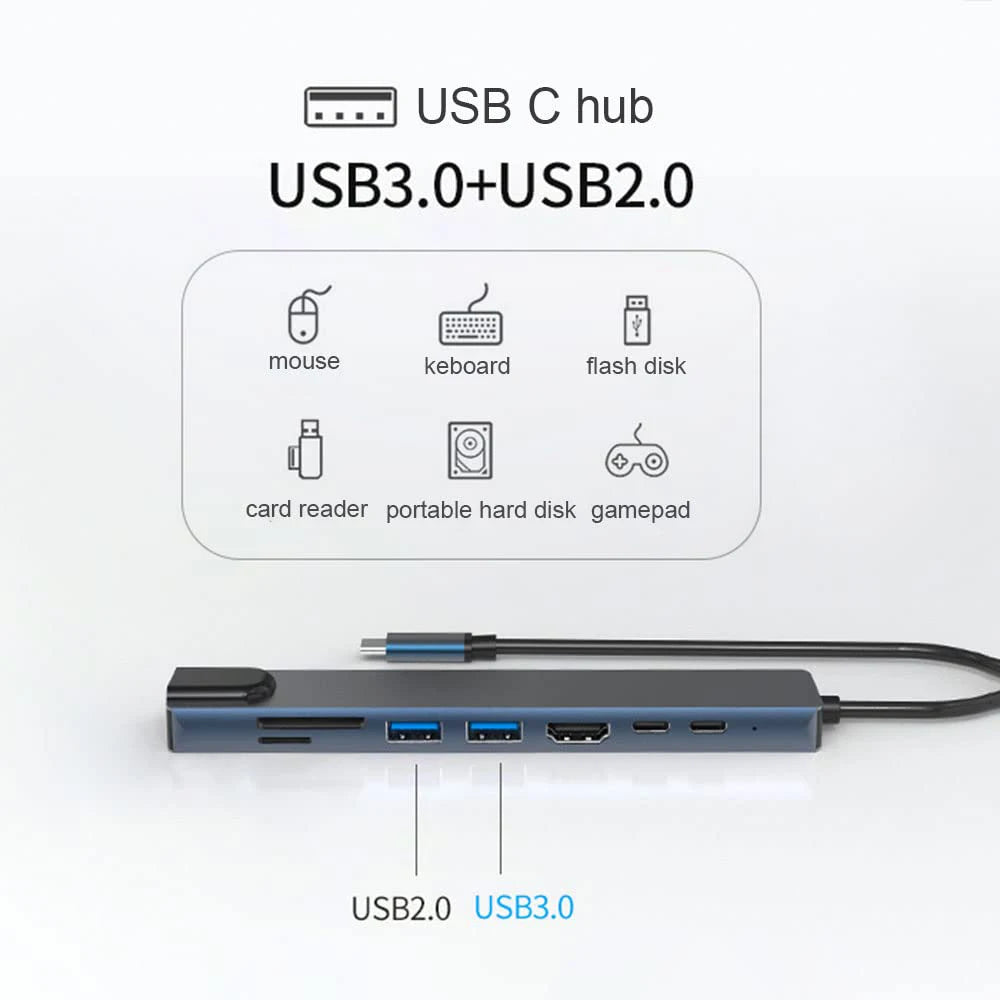 USB C Hub 8-in-1 Notebook Computer Multi-Port Adapter, 4K HD, PD, USB 3.0, RJ45, SD/TF, suitable for MacBook laptops