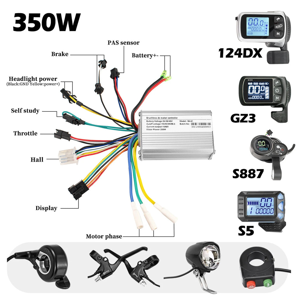 Electric Bike Kits Brushless Controller 36V 48V 350W Electric Bicycle LCD Display E-Scooter E-Car Accessories 124DX GZ3 S5 S887