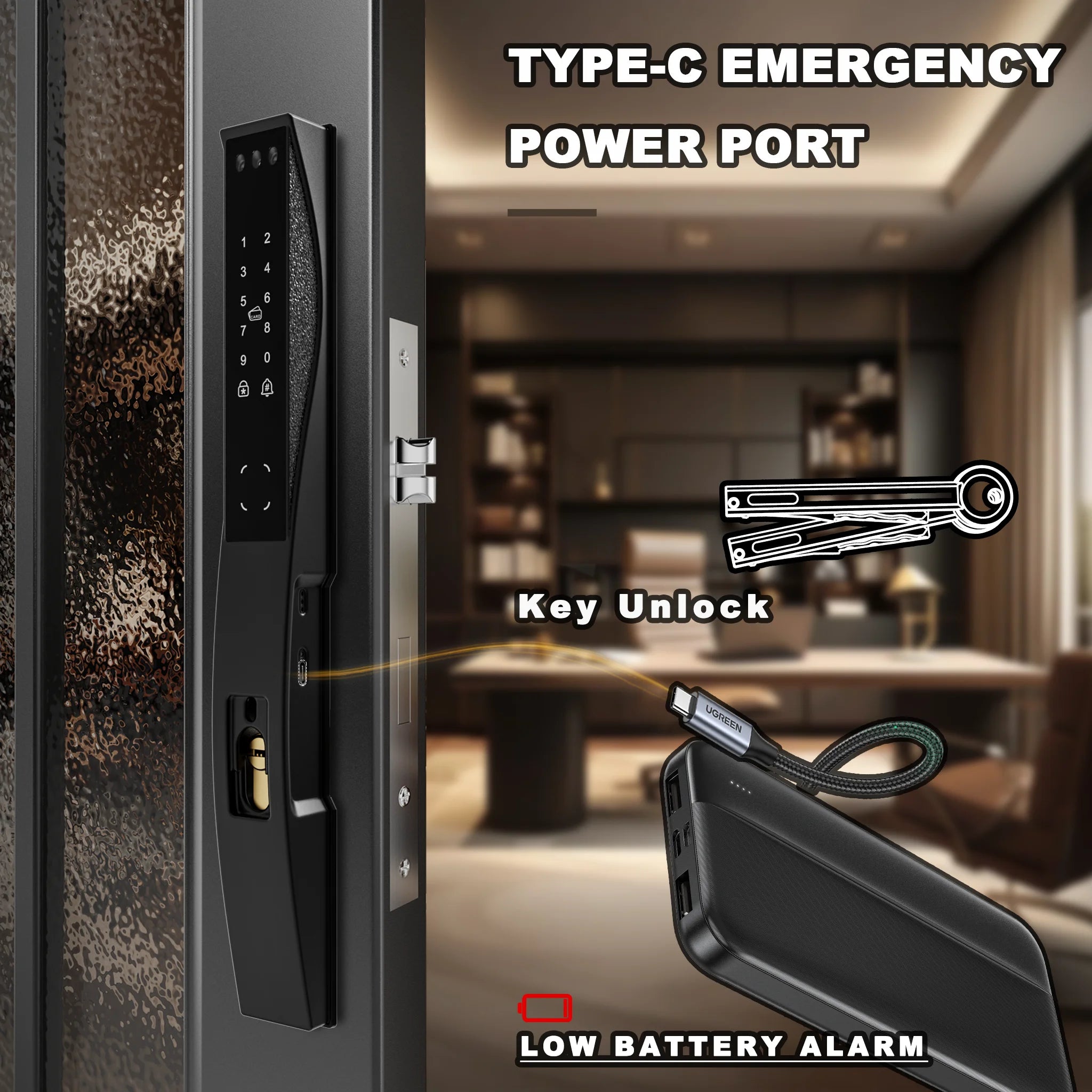 WINFREE 3D Face Recognition Smart Door Lock Slim Door Smart Lock Fingerprint Passcode Card Tuya APP Control Digital Lock Waterproof and Rechargeable Battery Intelligent Lock for Front Door and Gate