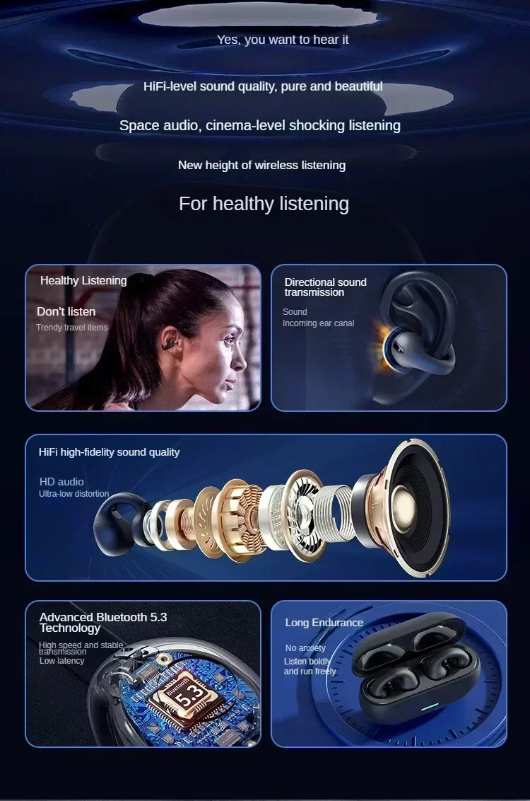 T75 Bluetooth headset 5.3 wireless bone conduction headset clip-on music sports game headset