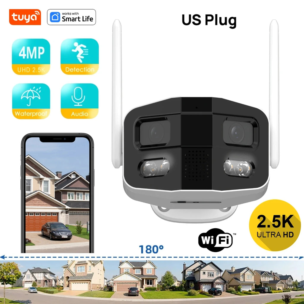 Tuya Smart 4MP 2.5K Dual-Lens Large wide 180°Security Camera , Outdoor Camera,With Color Night Vision/Siren/2-Way Talk IP Camera
