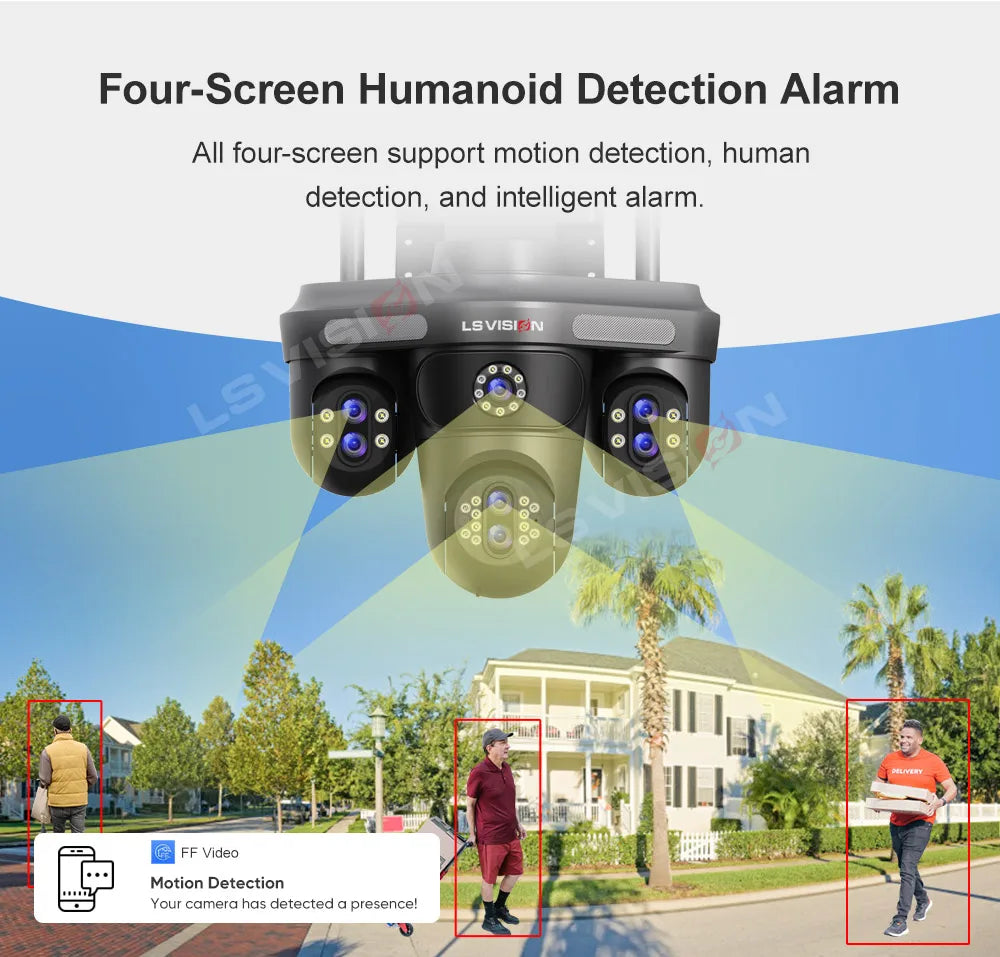 LS VISION 35MP 10X Zoom Four Screens WiFi IP Camera Wireless Outdoor Seven Lens Three PTZ Camera Auto Tracking Security Camera