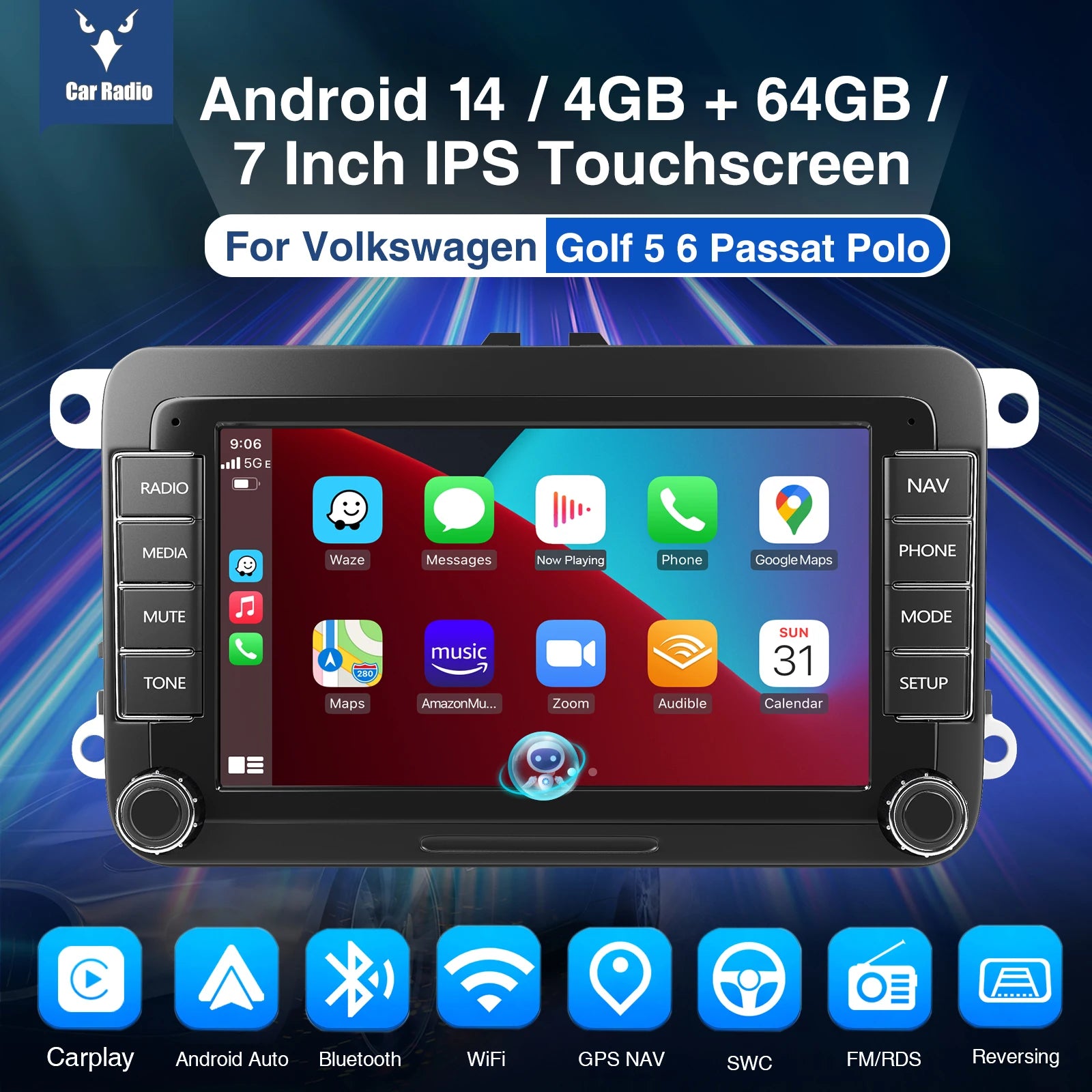 ESSGOO 7" Android 14 4G+64G Apple Carplay ChatGPT Car Stereo GPS WIFI RDS BT for VW Golf 5 6 Passat Polo Touran Tiguan Caddy EOS