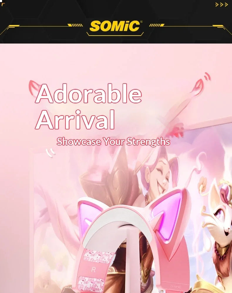 Somic GS510 Gamers Headphone With Microphone Cat Ears Rgb Light Colorful Cute Headset Noise Reduction Girl Gaming Earphones Gif