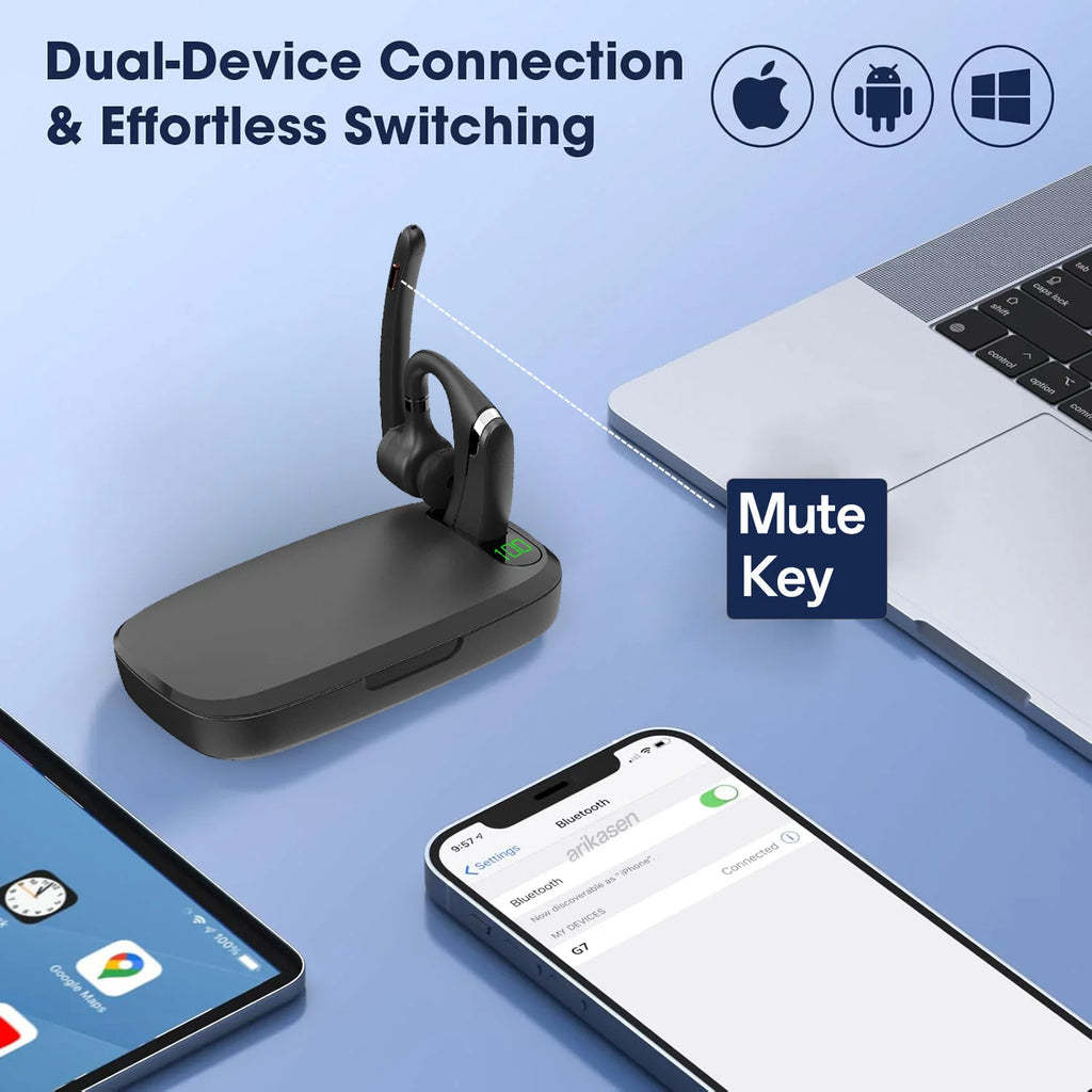 Bluetooth Headset, Wireless Earpiece with Upgrade Noise Canceling Mic,100H Talking Time,Hand-Free Headphones with Mute Button