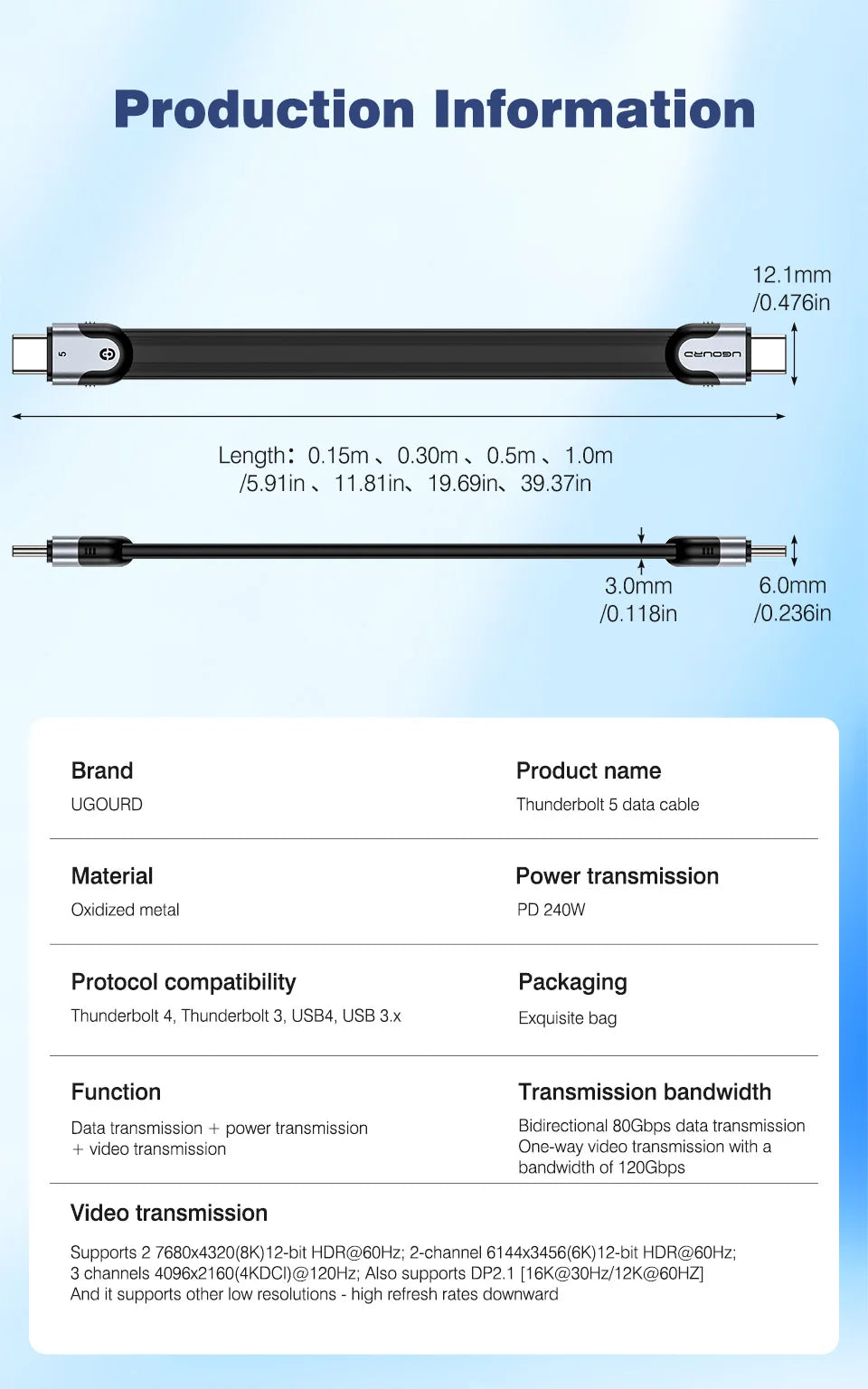 UGOURD Thunderbolt5 80Gbps Cable USB5 USB 4-V2 Type-C Thunderbolt 0.15m 1m 240W Fast Charging Cable For SSD Enclosure USB-C Hub