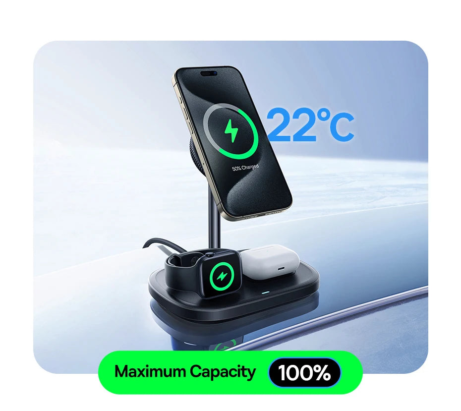 Baseus 22.5W 3-in-1 Wireless Charger Stand Qi2 15W Magnetic Fast Charging TEC Cooling For iPhone 16 15 14 AirPods Apple Watch