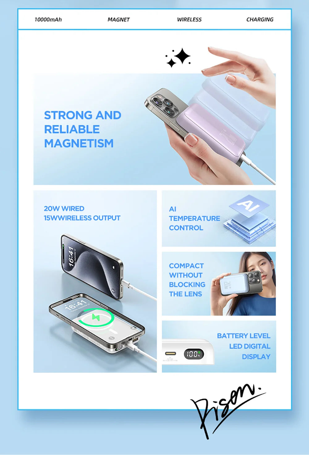 PISEN 10000mAh 20W Portable Magnetic Power Bank Wired/Wireless Combination LED Digital Display for iPhone Samsung Huawei Xiaomi