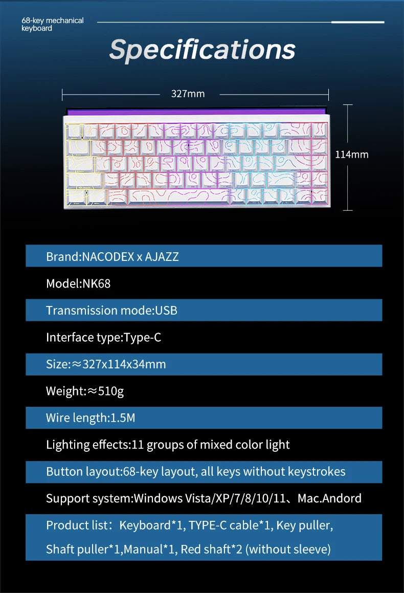 AJAZZ NK68 V2 Wired Mechanical Gaming Keyboard, Red Switch, Full Hot-Swappable, RGB Streamer Light, 68 Keys for Gaming & Office