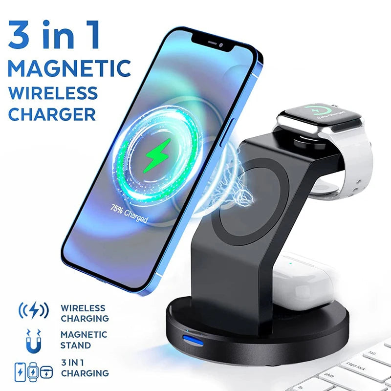 3 In 1 Magnetic Wireless Charger Stand For iPhone 17 16 15 14 13 12 Pro Max iWatch AirPods Station MagSafe Fast Charging Station