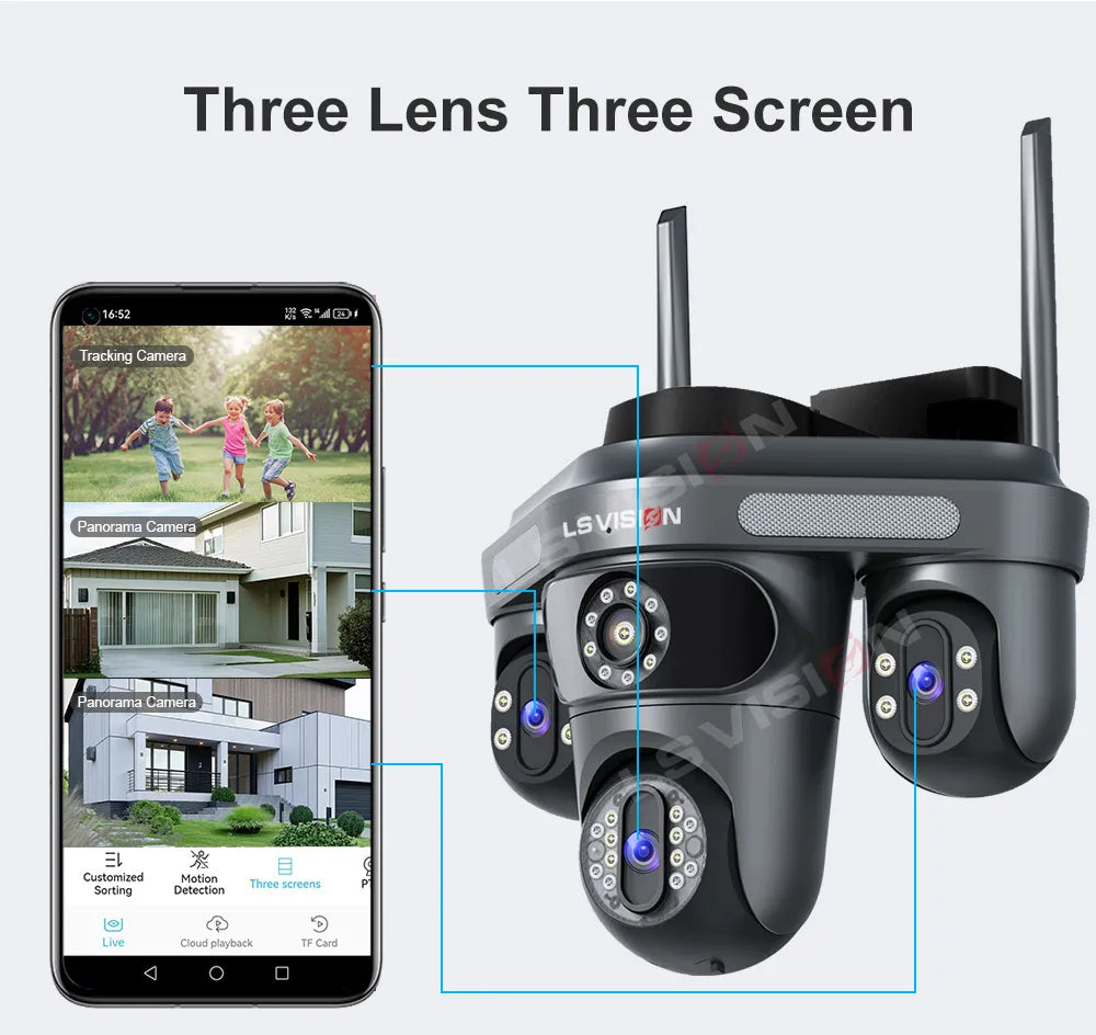 LS VISION 15MP Three Screens WiFi Security Camera Outdoor Three Lens Remote Rotation Color Night Vision Auto Tracking CCTV Cam