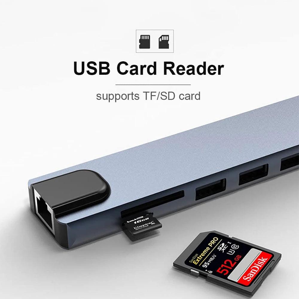 USB C Hub 8-in-1 Notebook Computer Multi-Port Adapter, 4K HD, PD, USB 3.0, RJ45, SD/TF, suitable for MacBook laptops