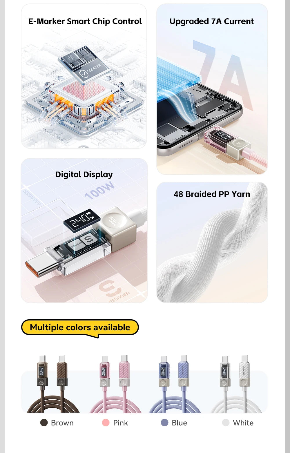 Essager 240W USB Type C Cable 100W PD 3.1 Fast Charging LED Display Charger Wire For MacBook iPhone Samsung Xiaomi iPad Laptop