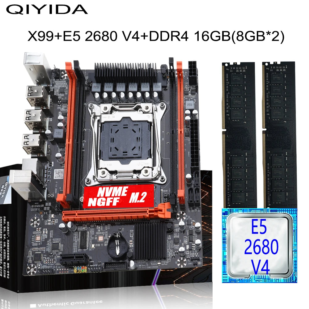 X99 Gaming Motherboard Kit with Xeon E5 2680 V4 DDR4 16GB=8Gx2 RAM M.2 NVME NGFF SATA USB for Desktop PC