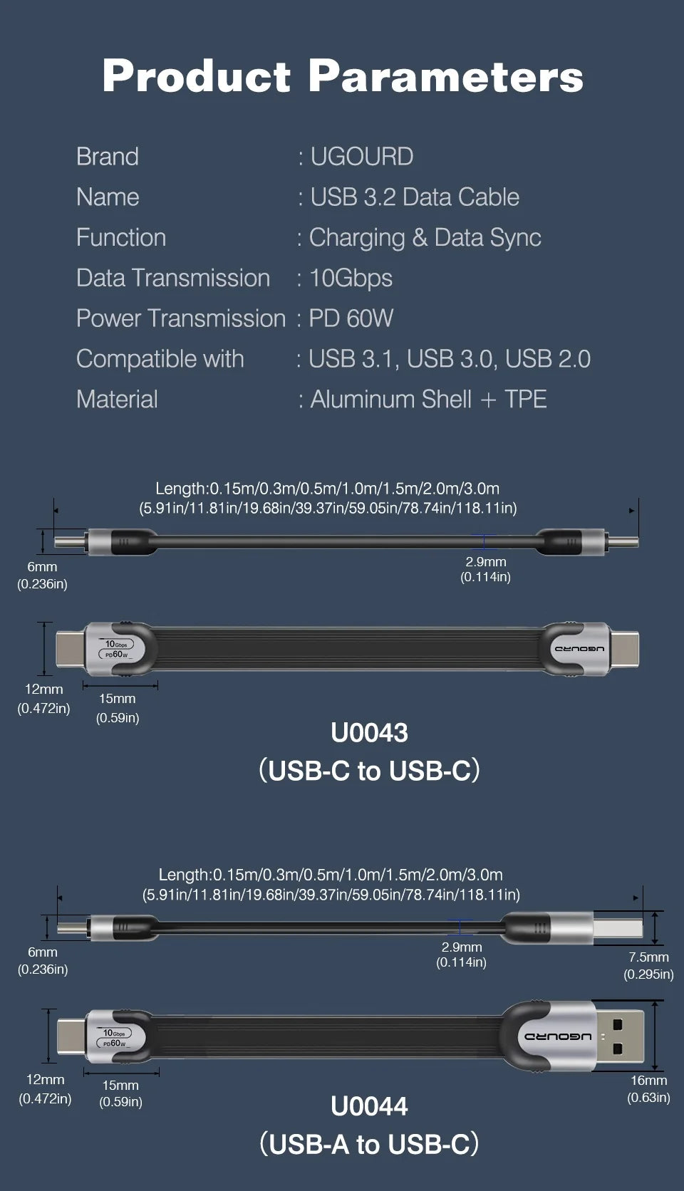 UGOURD USB A to C 10Gbps Cable USB C to Type C USB3.1/3.2 Gen2 Cable Data Transfer USB SSD Hard Disk Cable 60W 0.15m - 3m Flat
