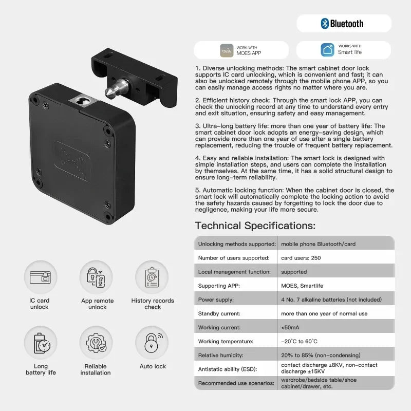 Tuya Bluetooth Smart Wood Cabinet Lock App Remote Control Monitoring Keyless IC Card Unlock Door Locker Furniture Drawer