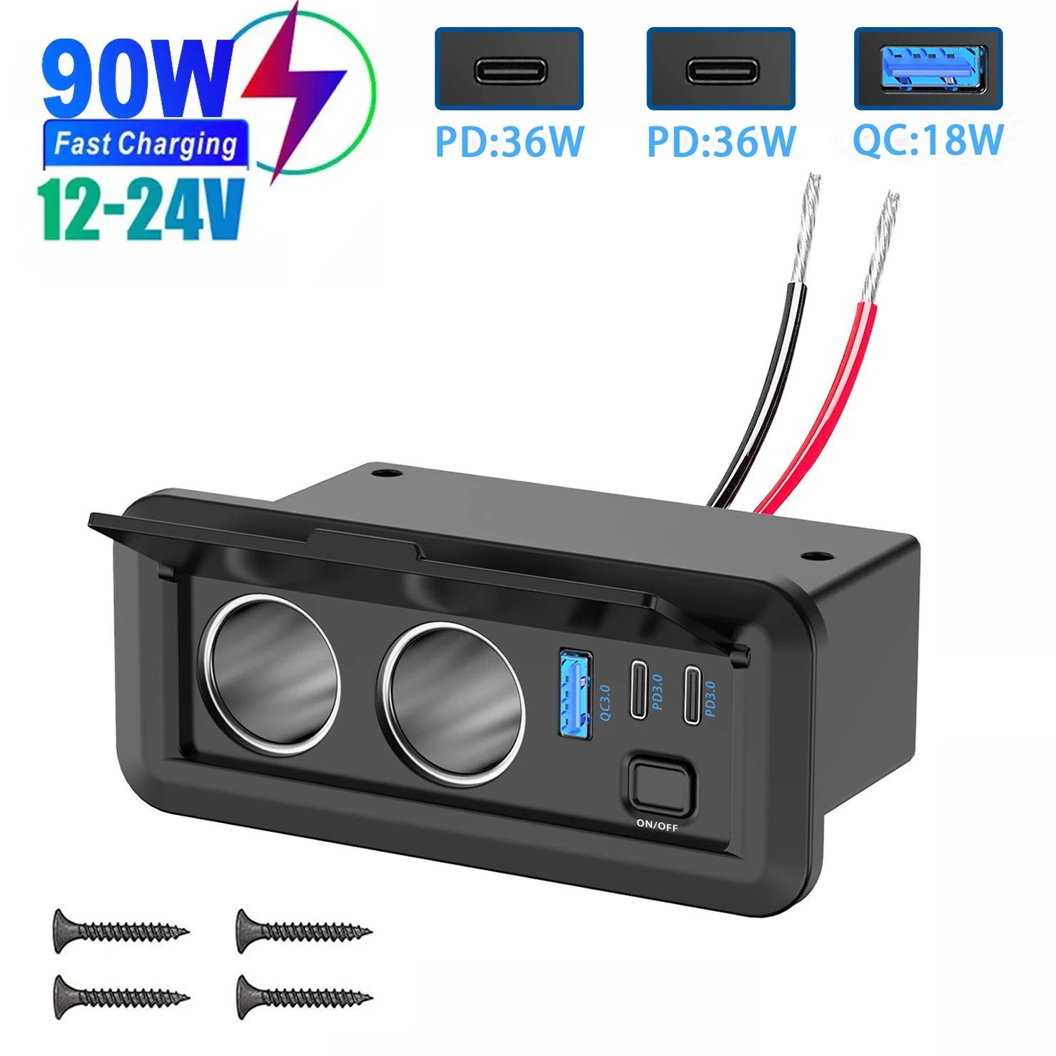 12V 3 Port Car Cigarette Lighter Socket Dual PD3.0 USB Outlet Car Charger Port with ON-OFF Switch for Marine Bus Boat Marine RV